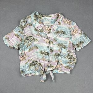 American Eagle Shirt Womens S Blue Purple Hawaiian Crop Button Tie Top Tropical